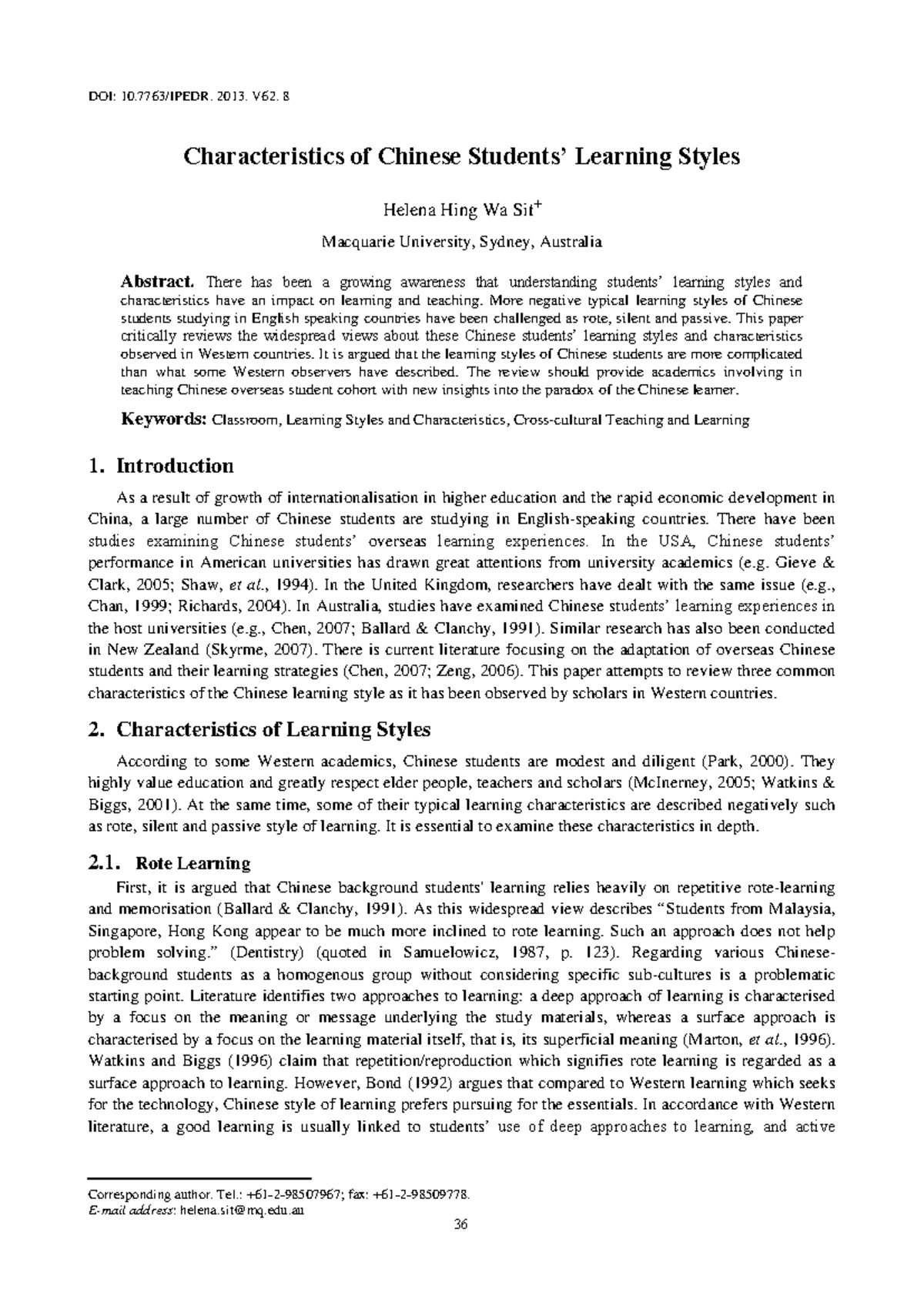 Characteristics of Chinese Students' Learning Styles: A Critical Review ...