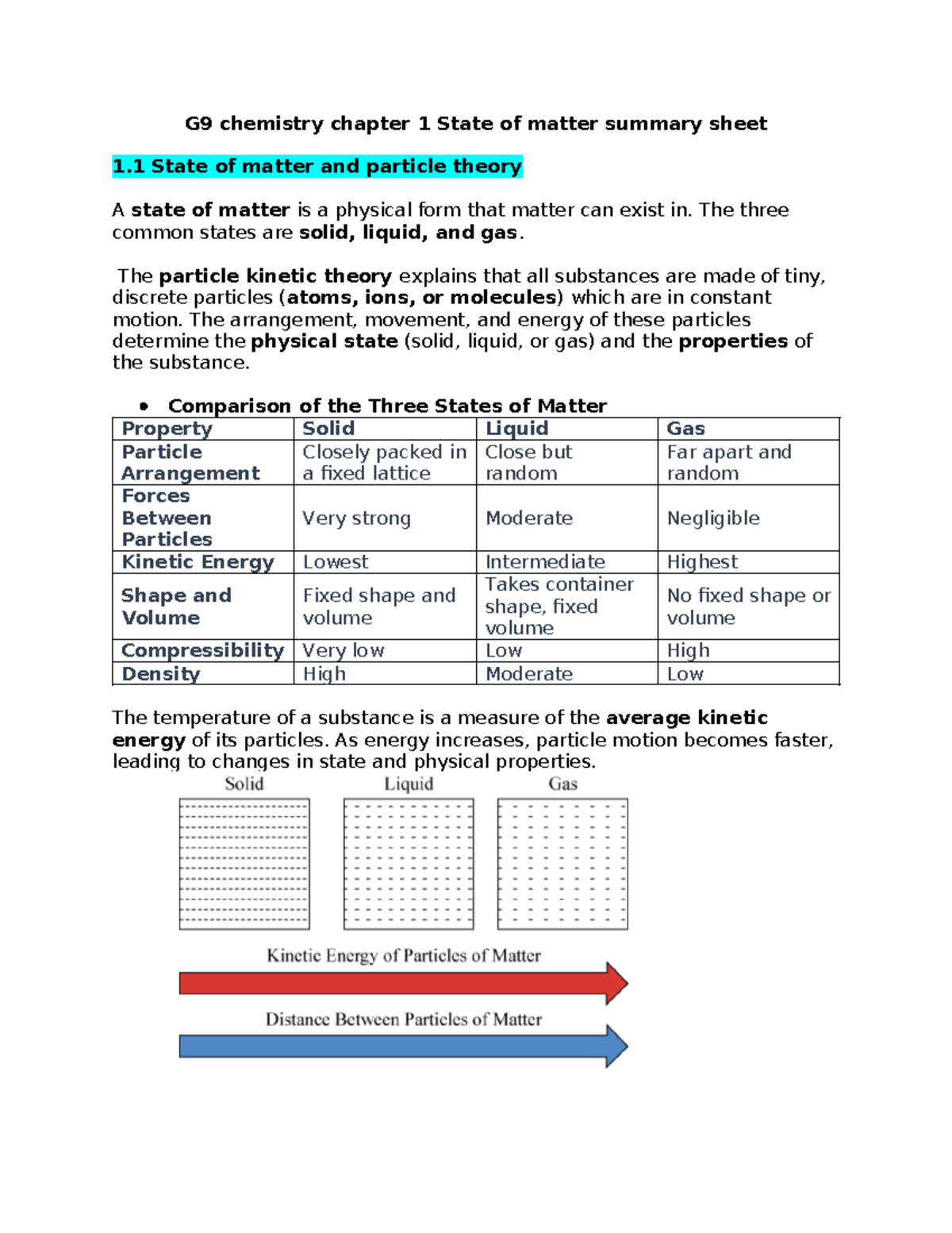 G9 Chemistry Chapter 1: States of Matter Summary & Key Concepts - Studocu