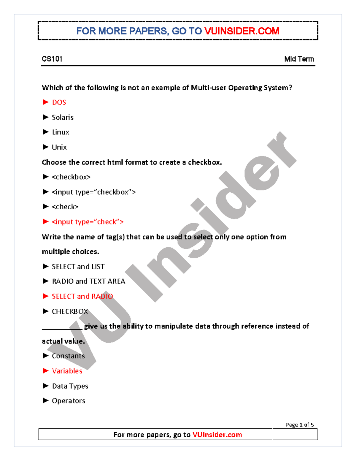 CS101 Mid Term Past Paper 1: Operating Systems & JavaScript Concepts ...