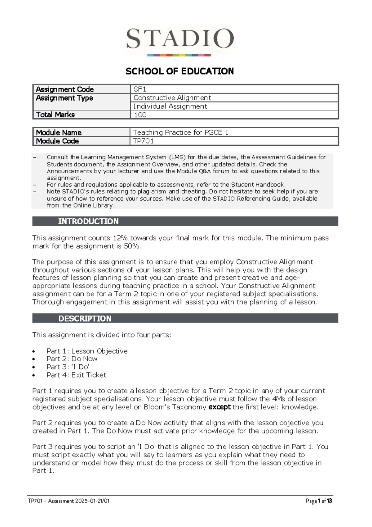 TP701-SF1 2025 Individual Assignment: Constructive Alignment Guide ...