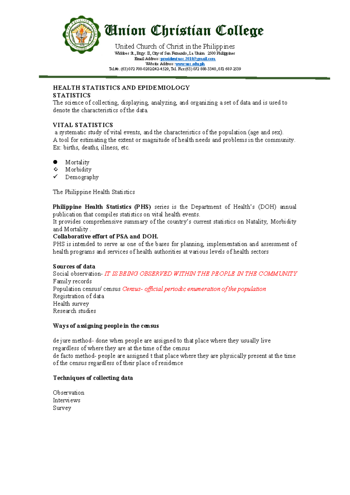 CHN-Lecture: Health Statistics and Epidemiology Overview - Studocu
