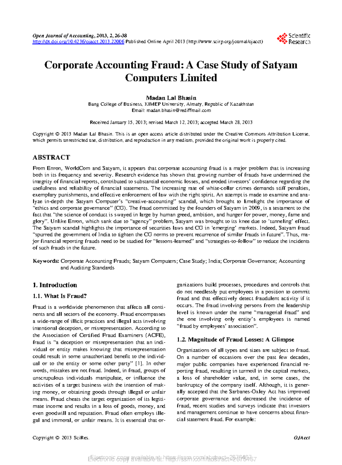 Corporate Accounting Fraud: A Case Study of Satyam Computers (SSR 2013 ...