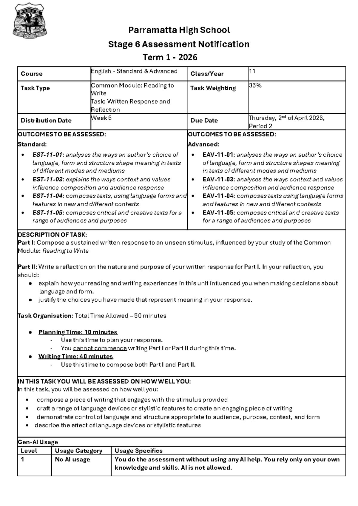 Year 11 English Standard Advanced Assessment Notification Term 1 2026 ...