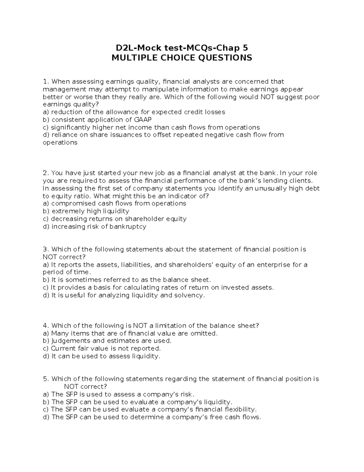D2L-Mock Test: MCQs on Financial Analysis (Chapter 5) - Studocu