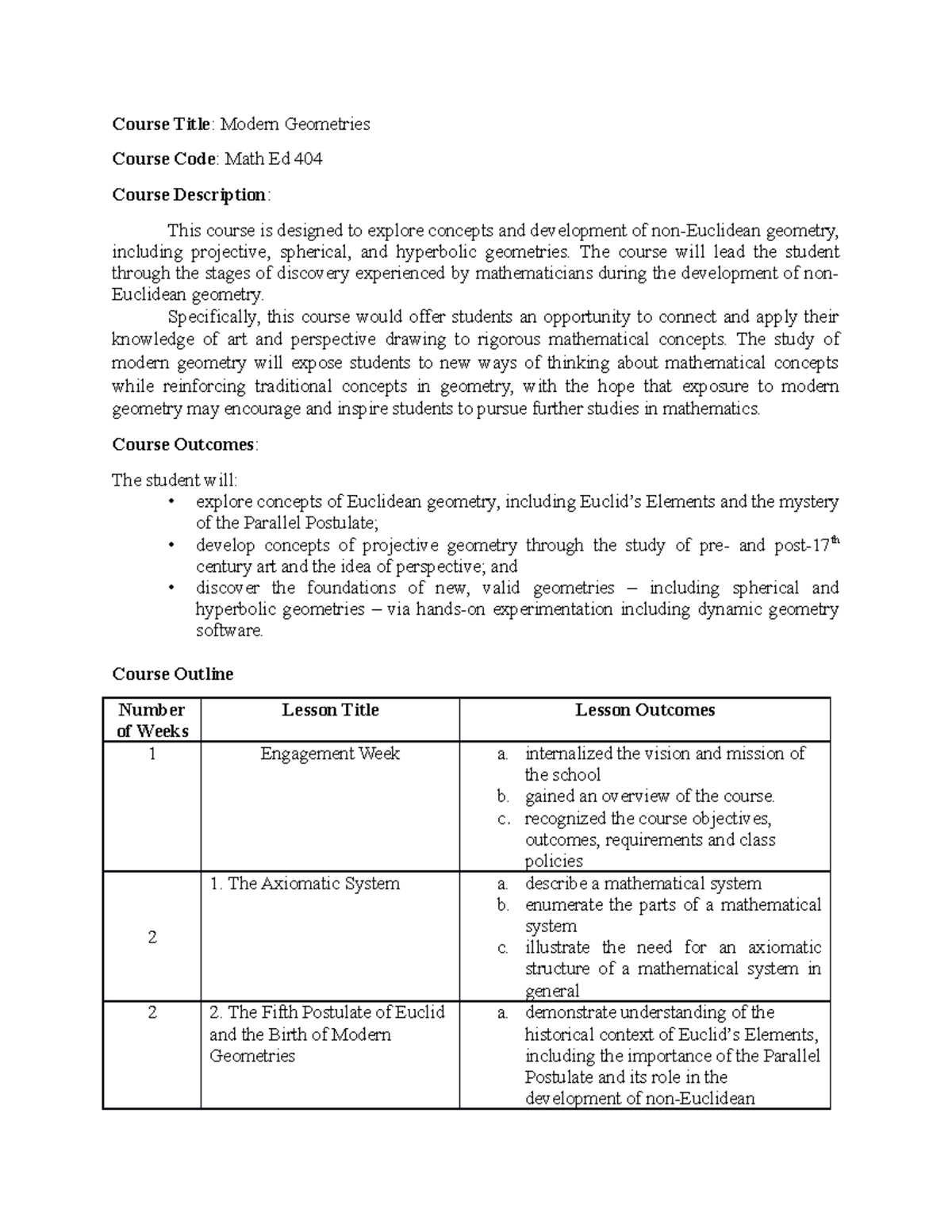 Modern Geometry Course Outline - Course Title : Modern Geometries ...