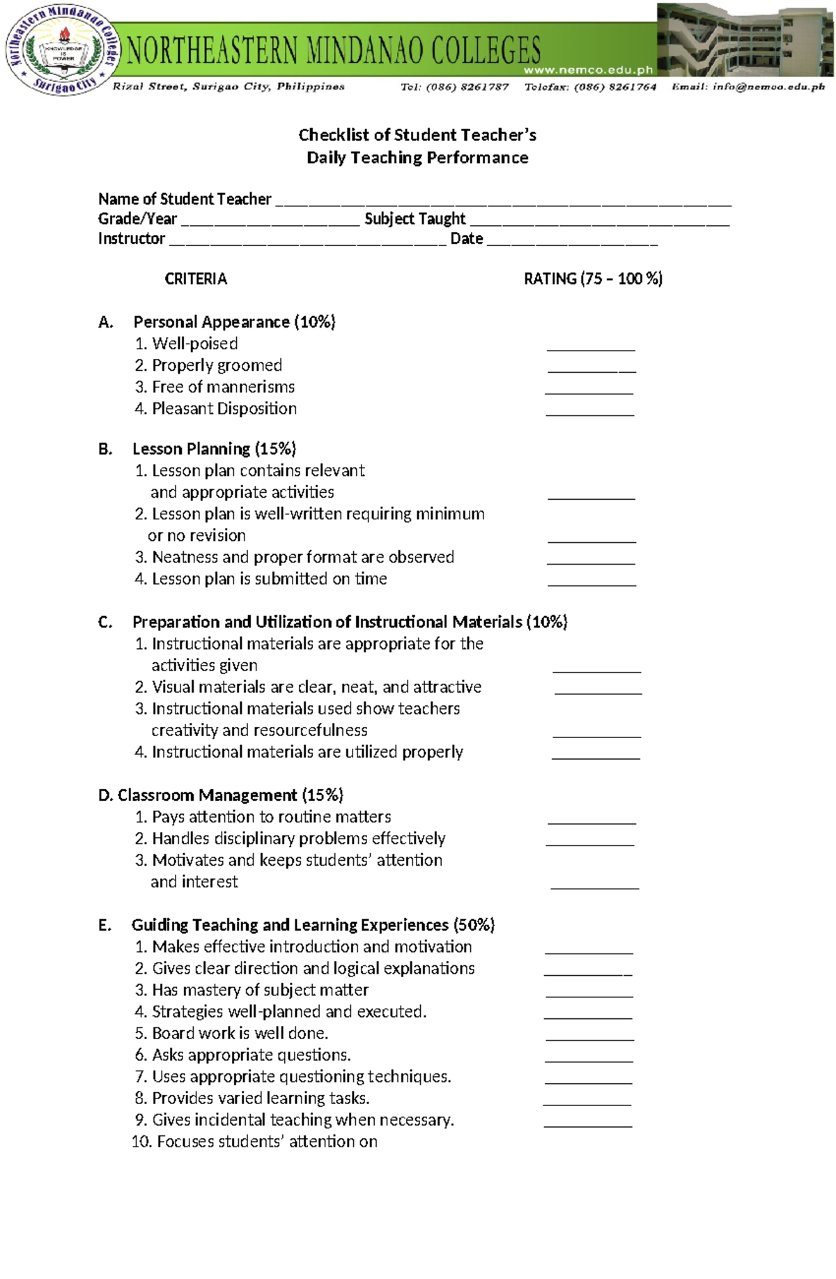 PT Checklist: Daily Teaching Performance Evaluation - Studocu