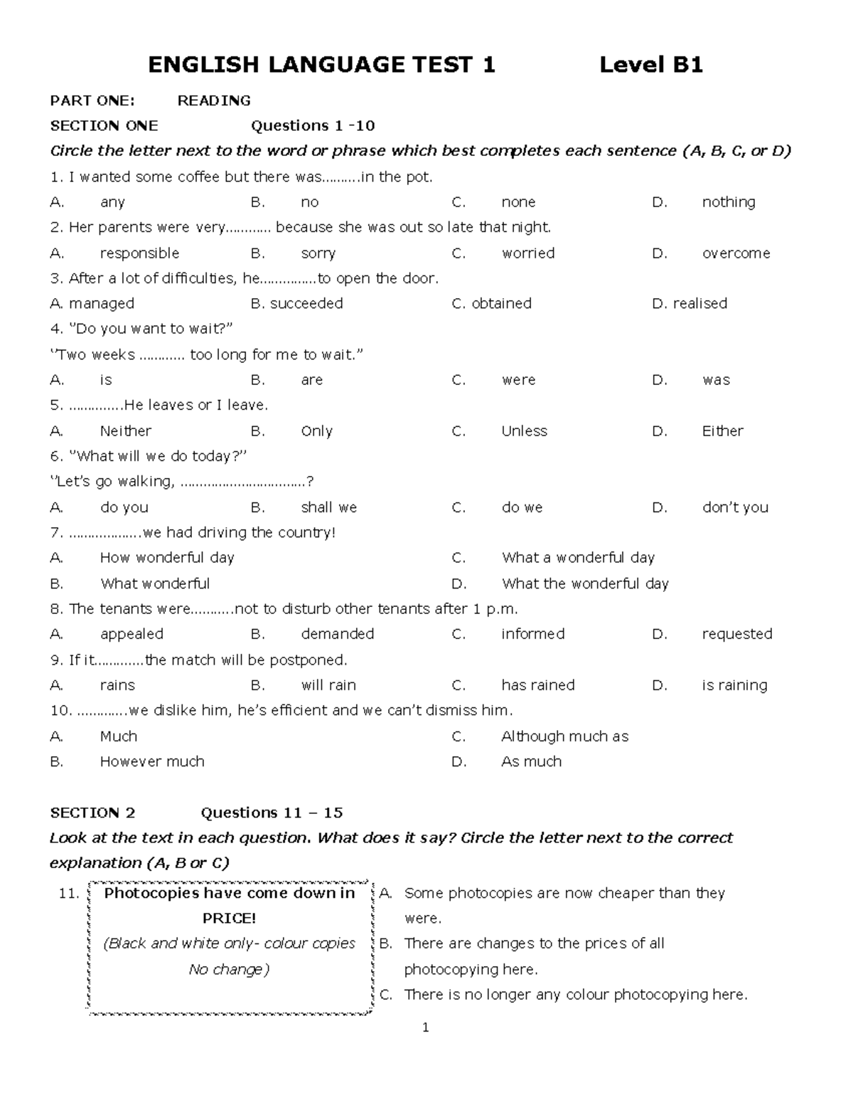 ENGLISH LANGUAGE TEST 1: Level B1 Reading & Writing Assessment - Studocu