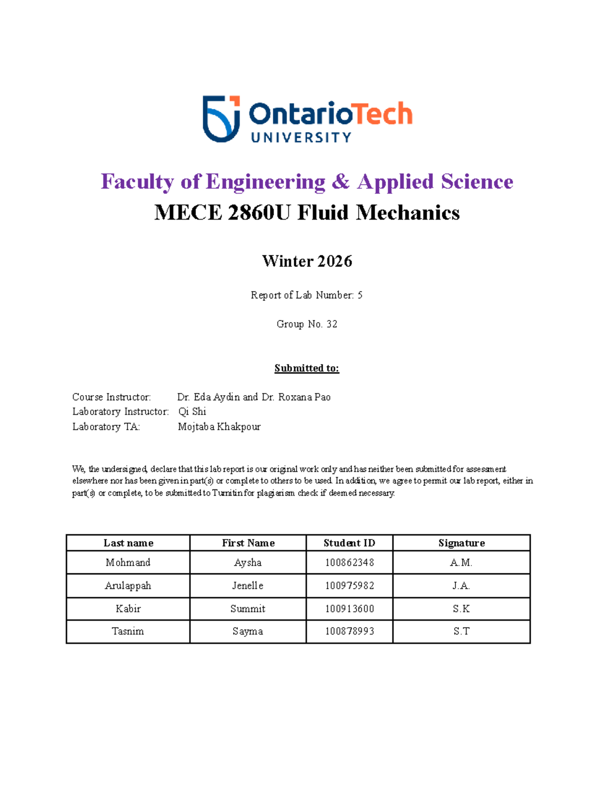 MECE 2860U Fluid Mechanics Lab Report #5 - Winter 2026 - Studocu
