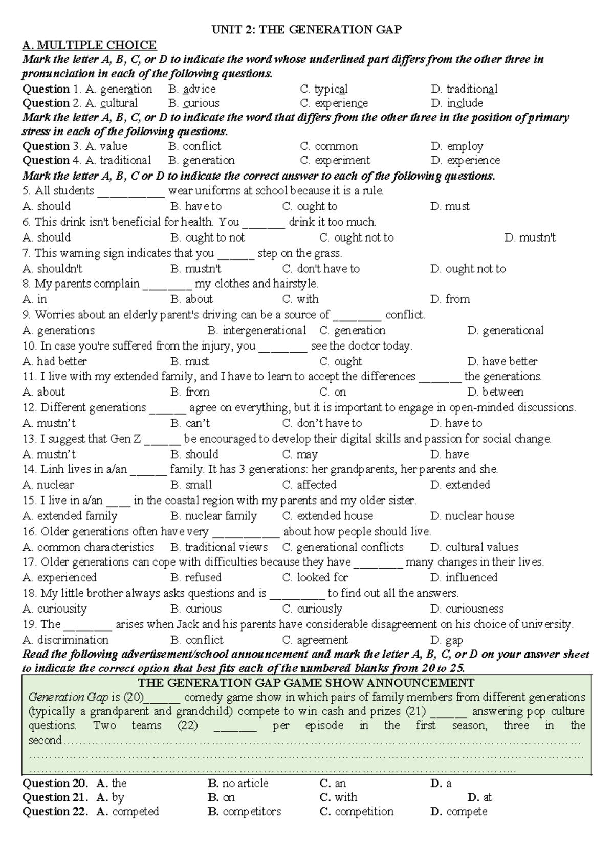 UNIT 2: THE GENERATION GAP - ANH 11PD 2025 HS Test - Studocu