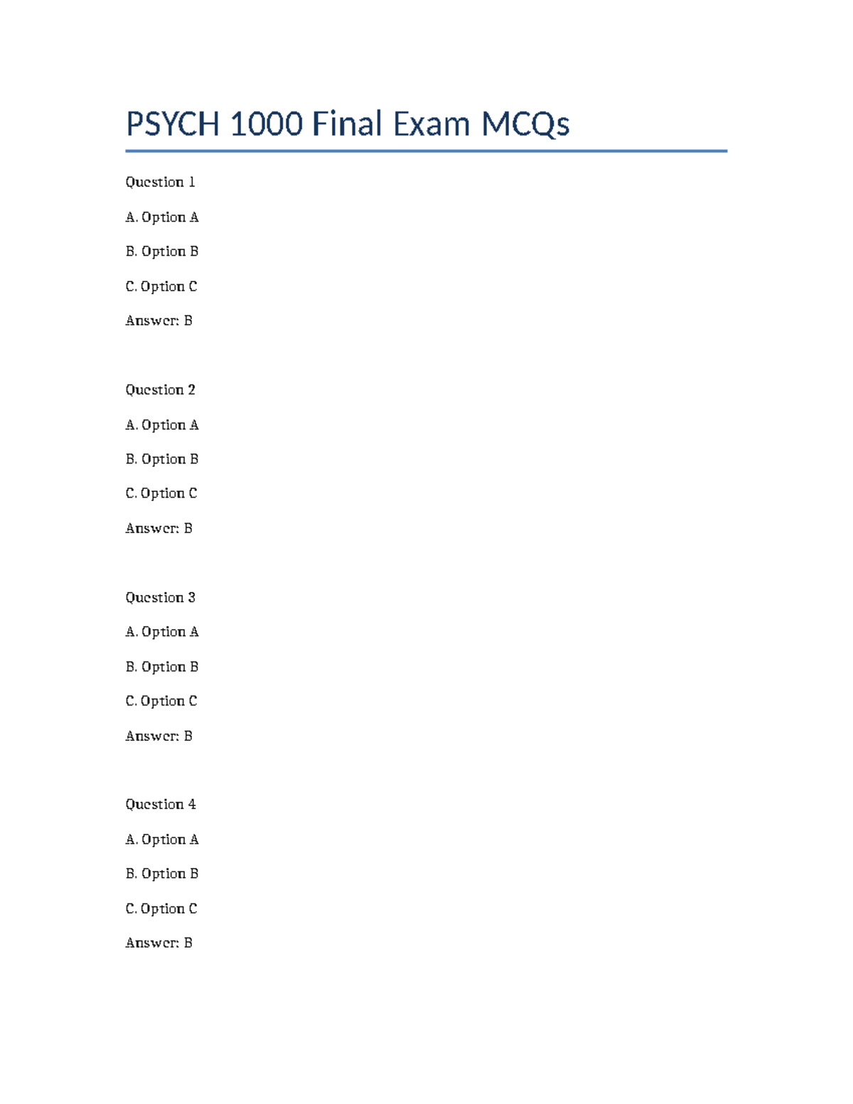 PSYCH 1000 Final Exam MCQs and Answers - Studocu