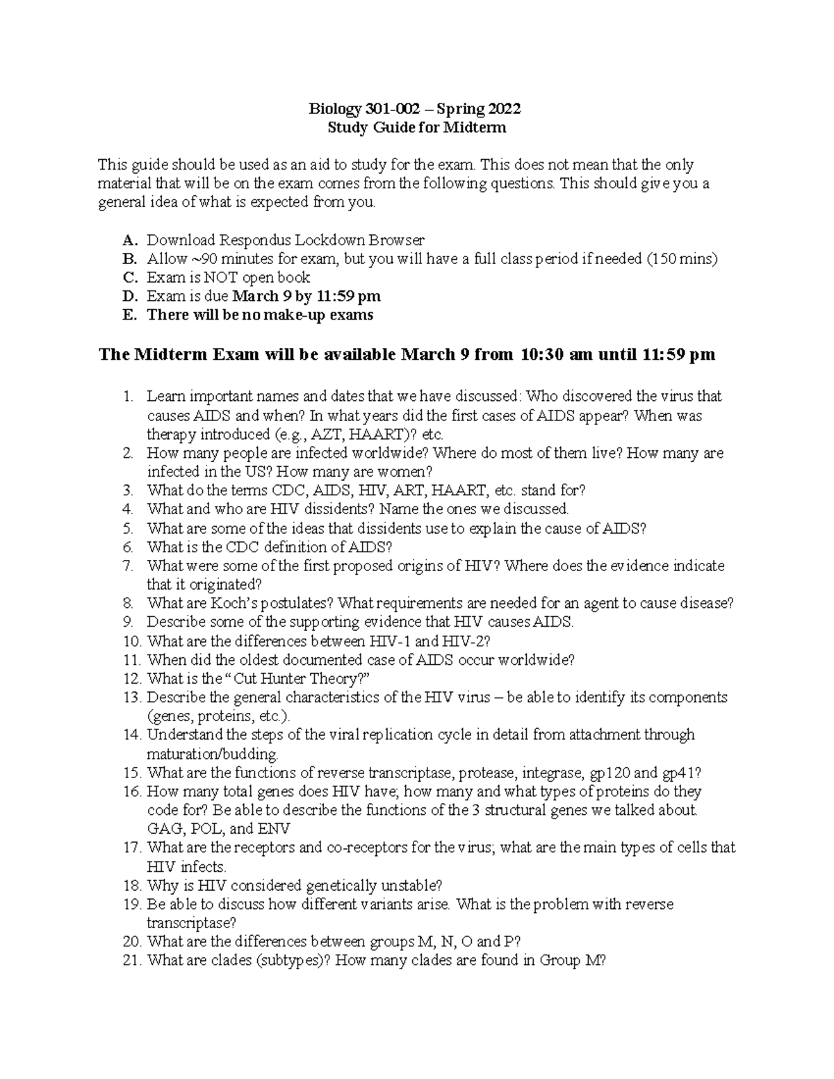BIOL 301midterm - Biology 301-002 – Spring 2022 Study Guide for Midterm ...