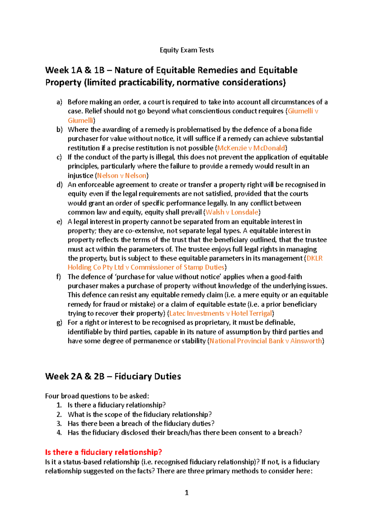 Equity Exam Tests Week 1-8 Summary: Equitable Remedies & Principles ...