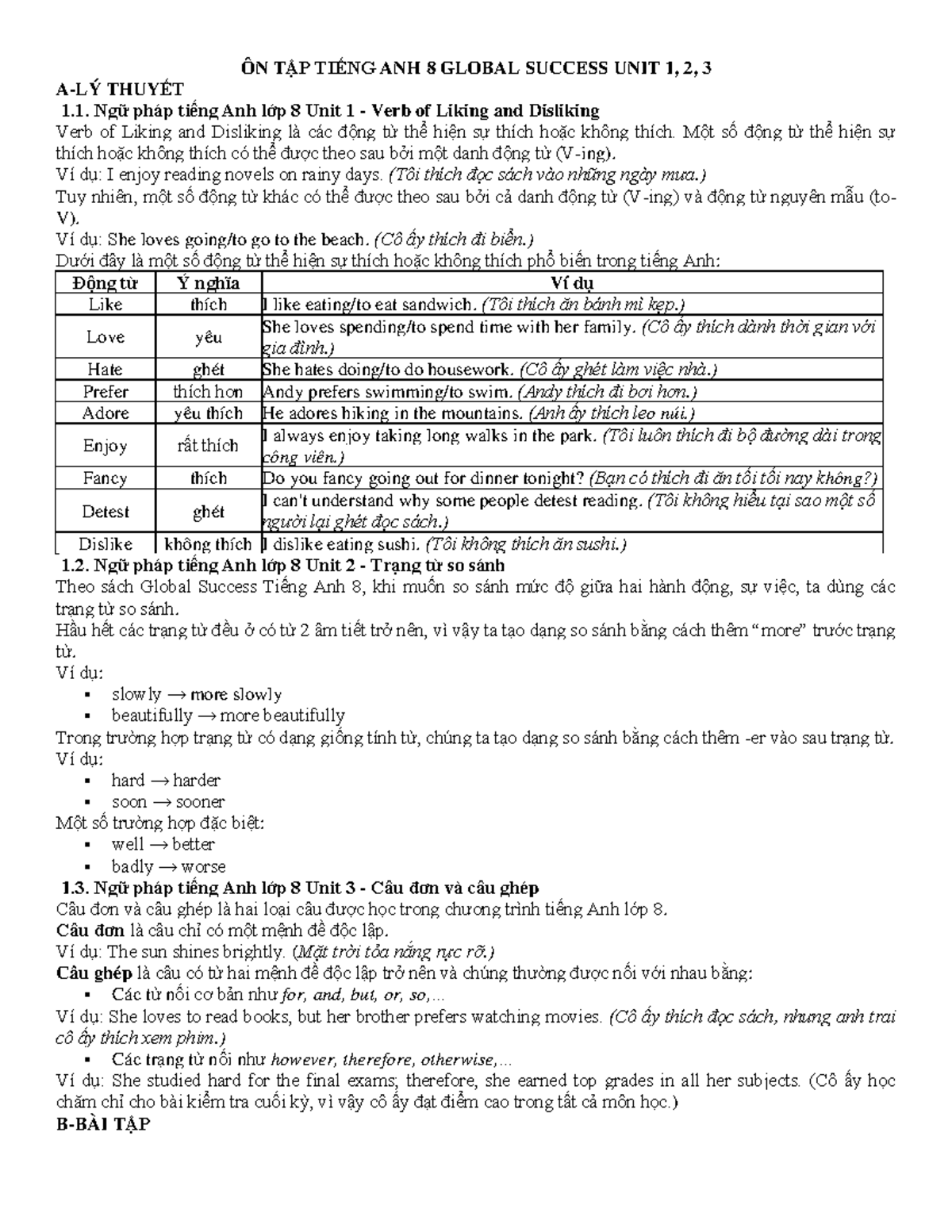 ÔN TẬP TIẾNG ANH 8 GLOBAL SUCCESS: UNIT 1, 2, 3 REVIEW NOTES - Document Preview
