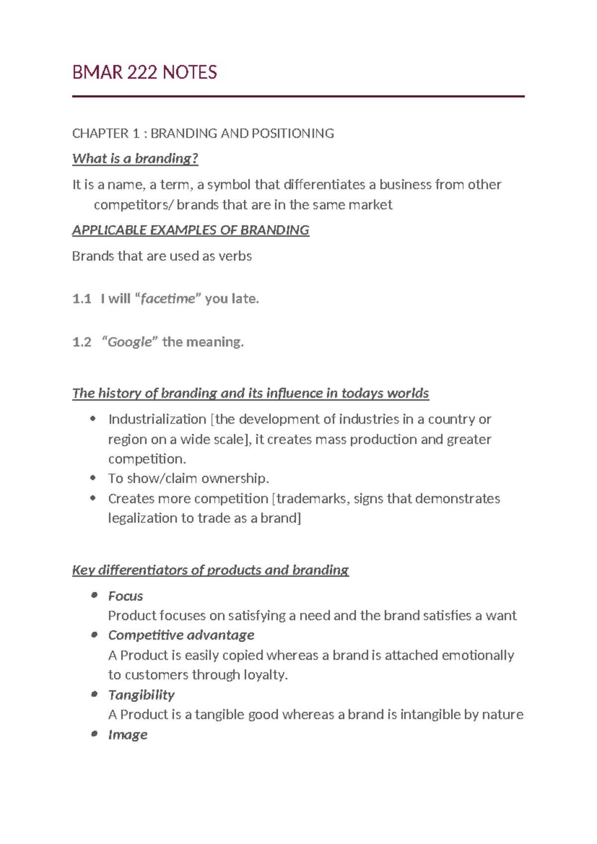 BMAR 222 Chapter Notes - Branding & Positioning Summary - Studocu