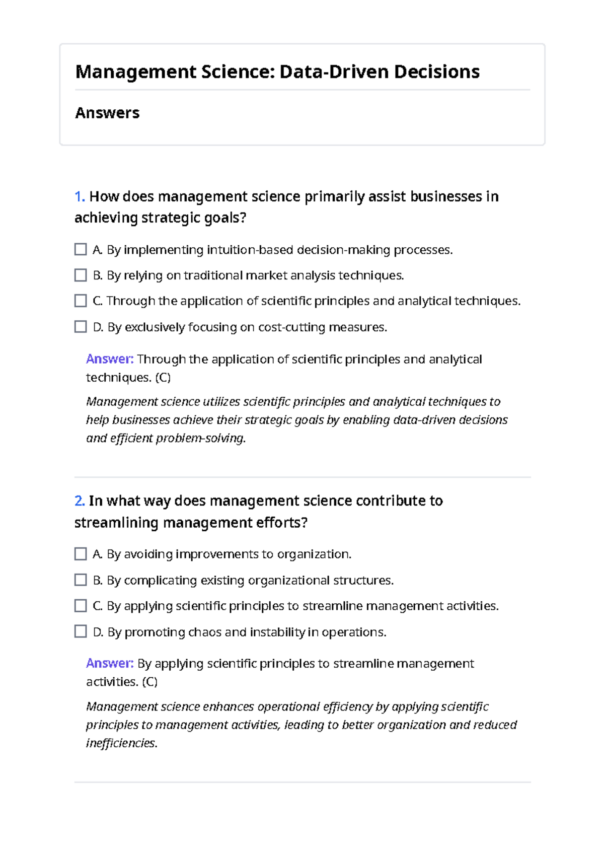 Management Science: Data-Driven Decisions Answers (MS 101) - Studocu