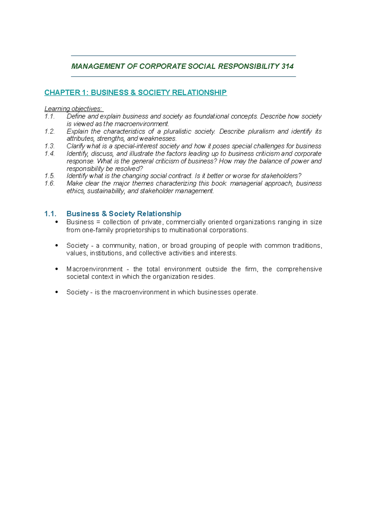 Management of CSR 314: Chapter 1 - Business & Society Relationship ...