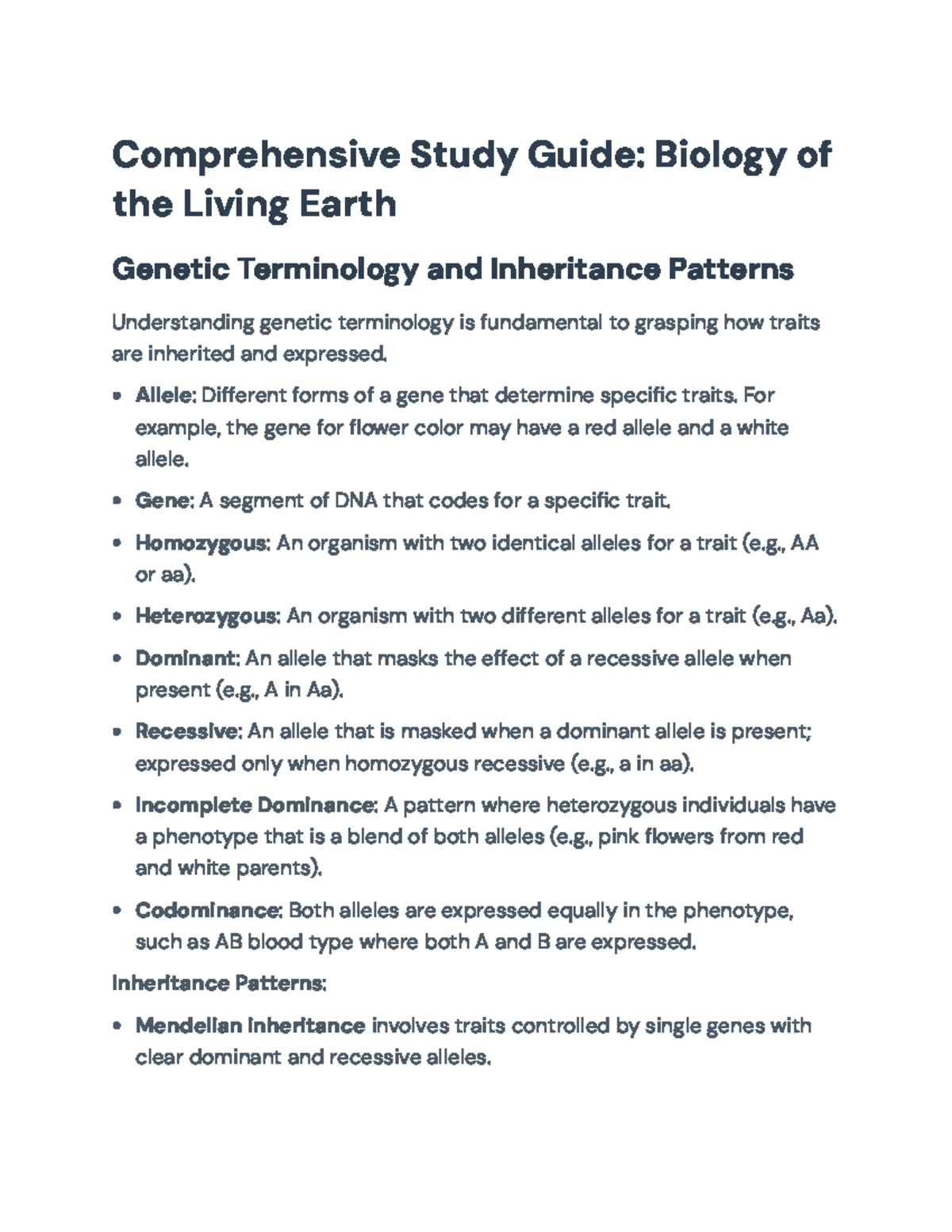 Comprehensive Study Guide: BIO 101 Genetic Terminology & Inheritance ...