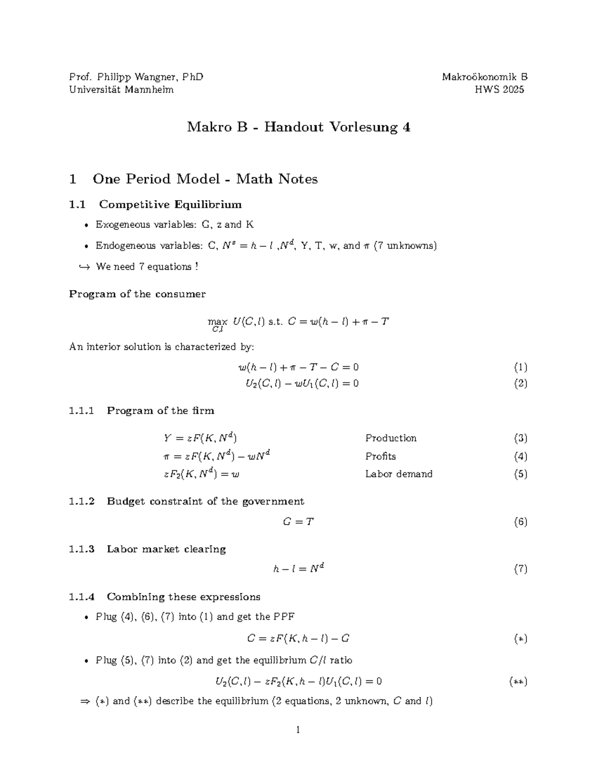 Makroökonomik B HWS 2025: Vorlesung 4 Handout - One Period Model Math ...