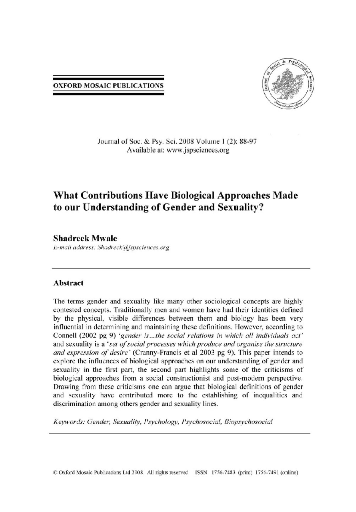 Biological Approaches to Gender and Sexuality: Insights for PSY 302 ...