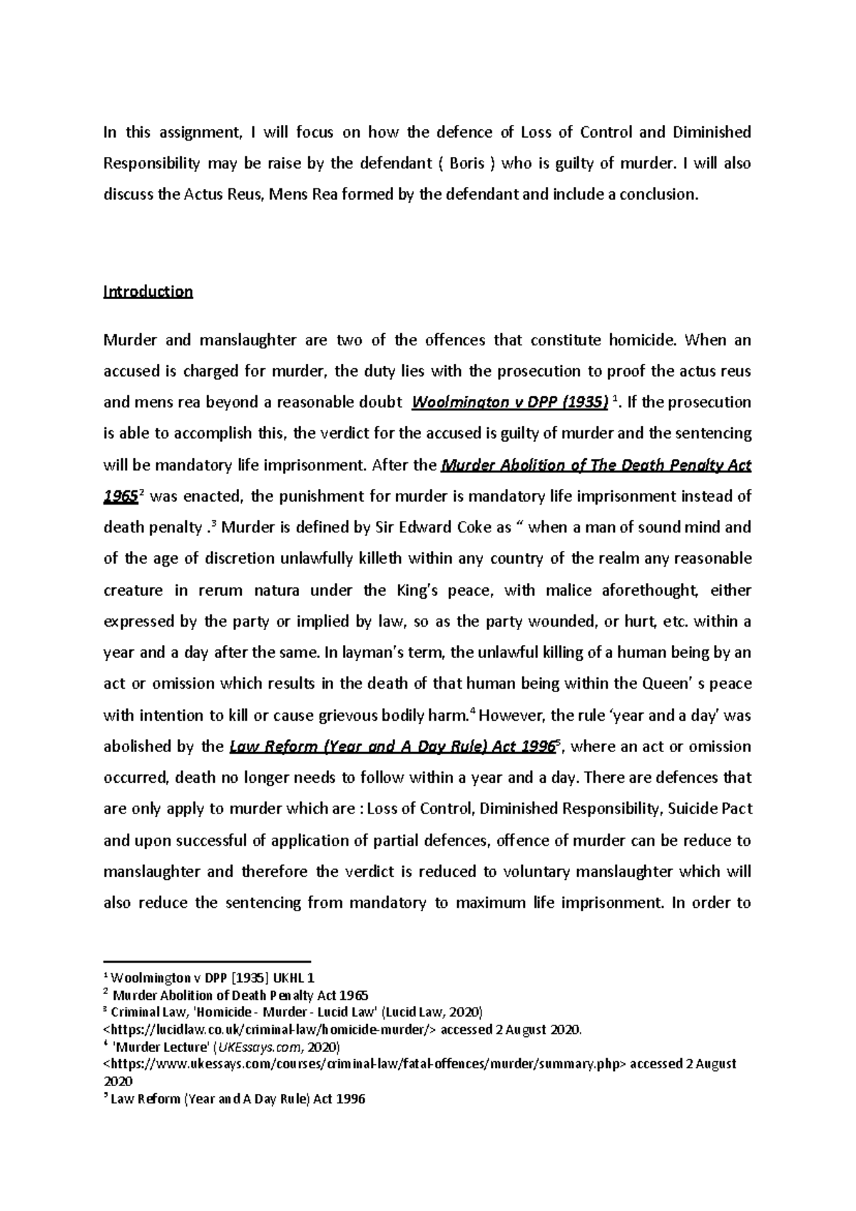 Criminal LAW loss of control - In this assignment, I will focus on how ...