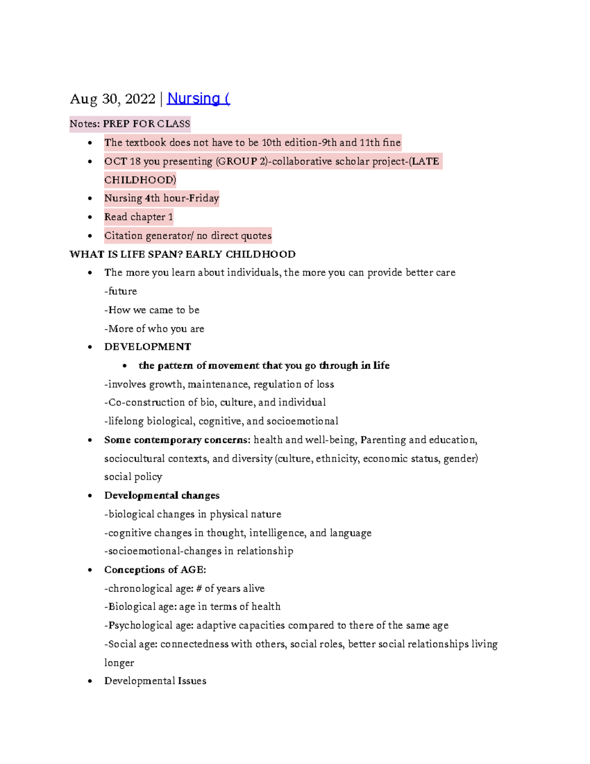 Notes - Nursing ( - Aug 30, 2022 | Nursing ( Notes: PREP FOR CLASS The ...
