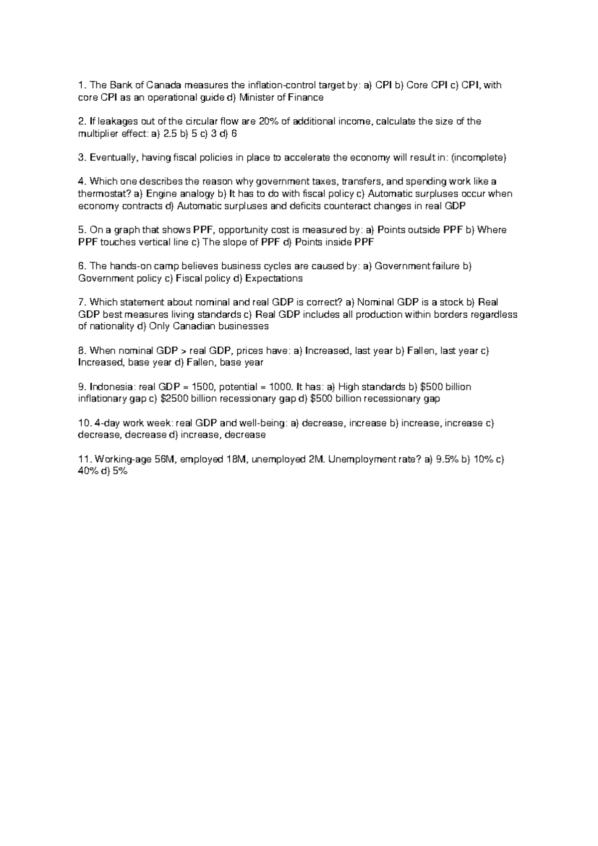 Questions - Exam: Economics 101 - Key Concepts and Calculations - Studocu