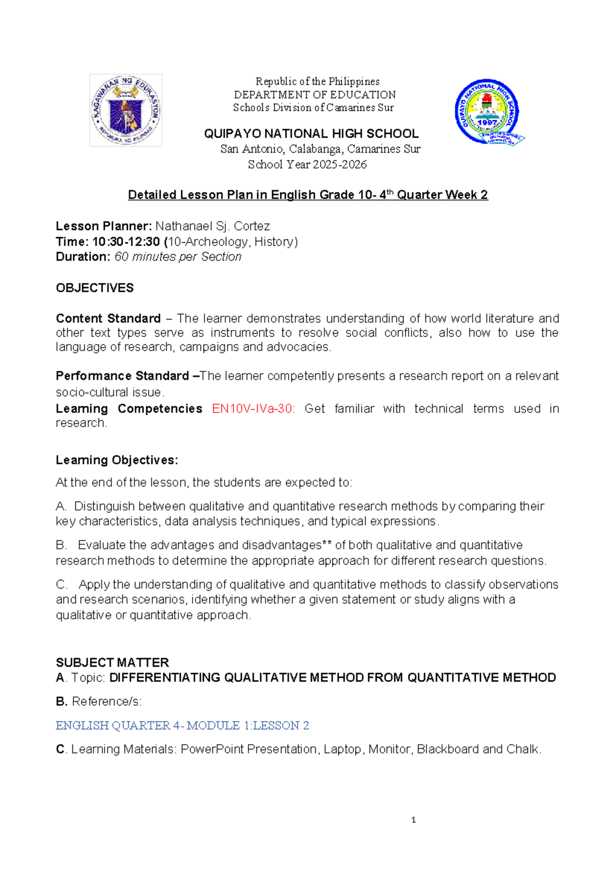 Detailed Lesson Plan: Differentiating Qualitative & Quantitative ...