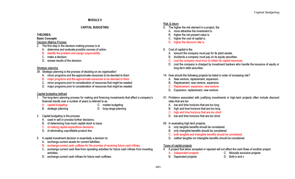 Capital budgeting techniques - MODULE 9 CAPITAL BUDGETING THEORIES ...