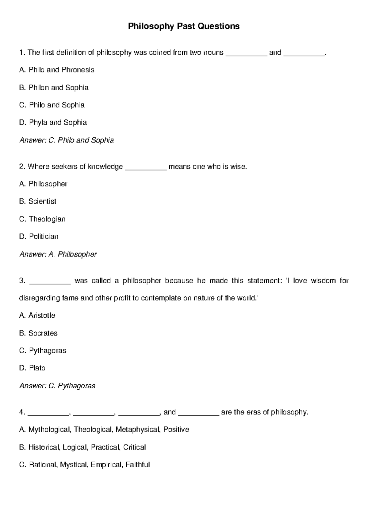 Philosophy Past Questions: Key Concepts and Definitions - Studocu