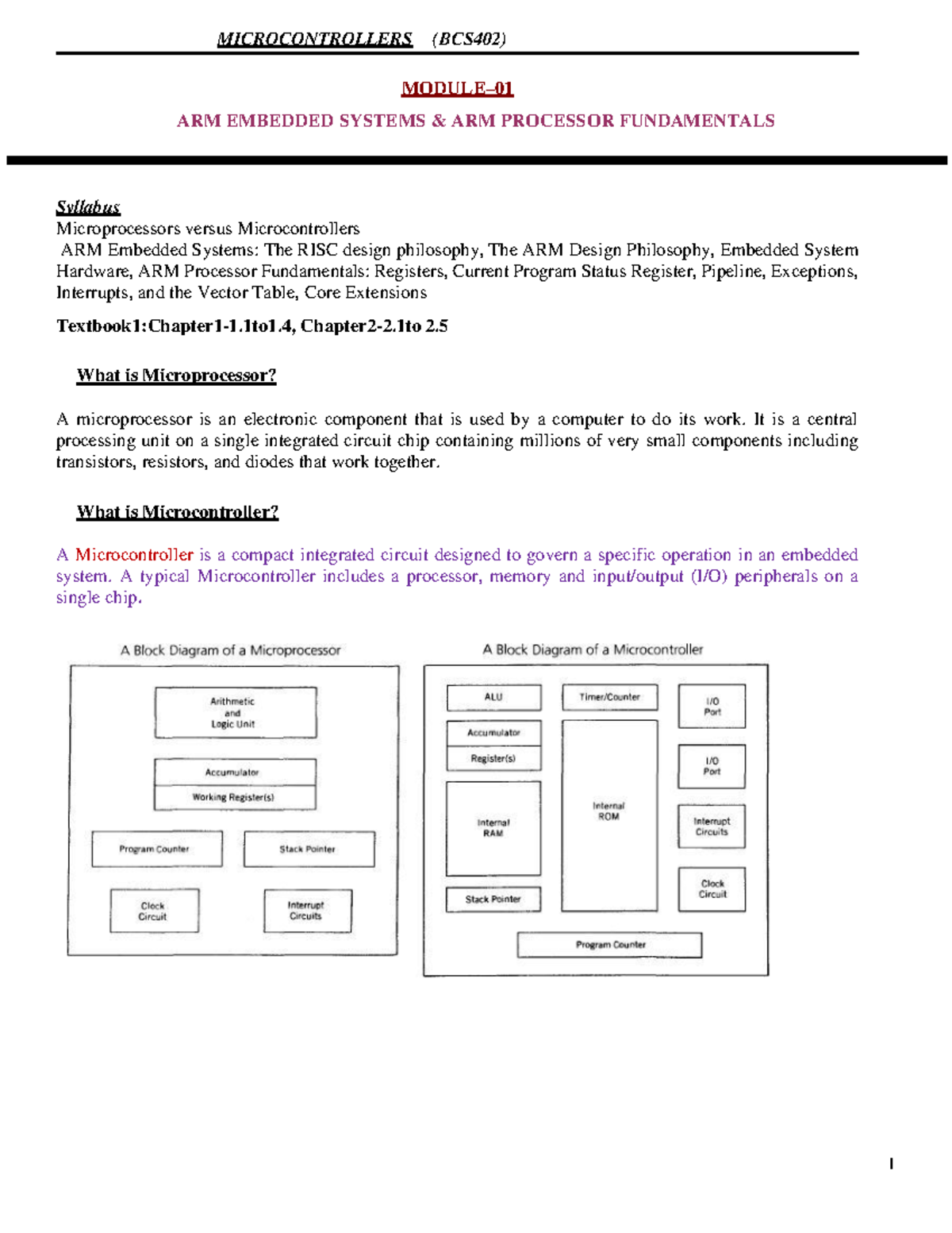 Microcontrollers and Embedded Systems (BCS402) Lecture Notes - Studocu
