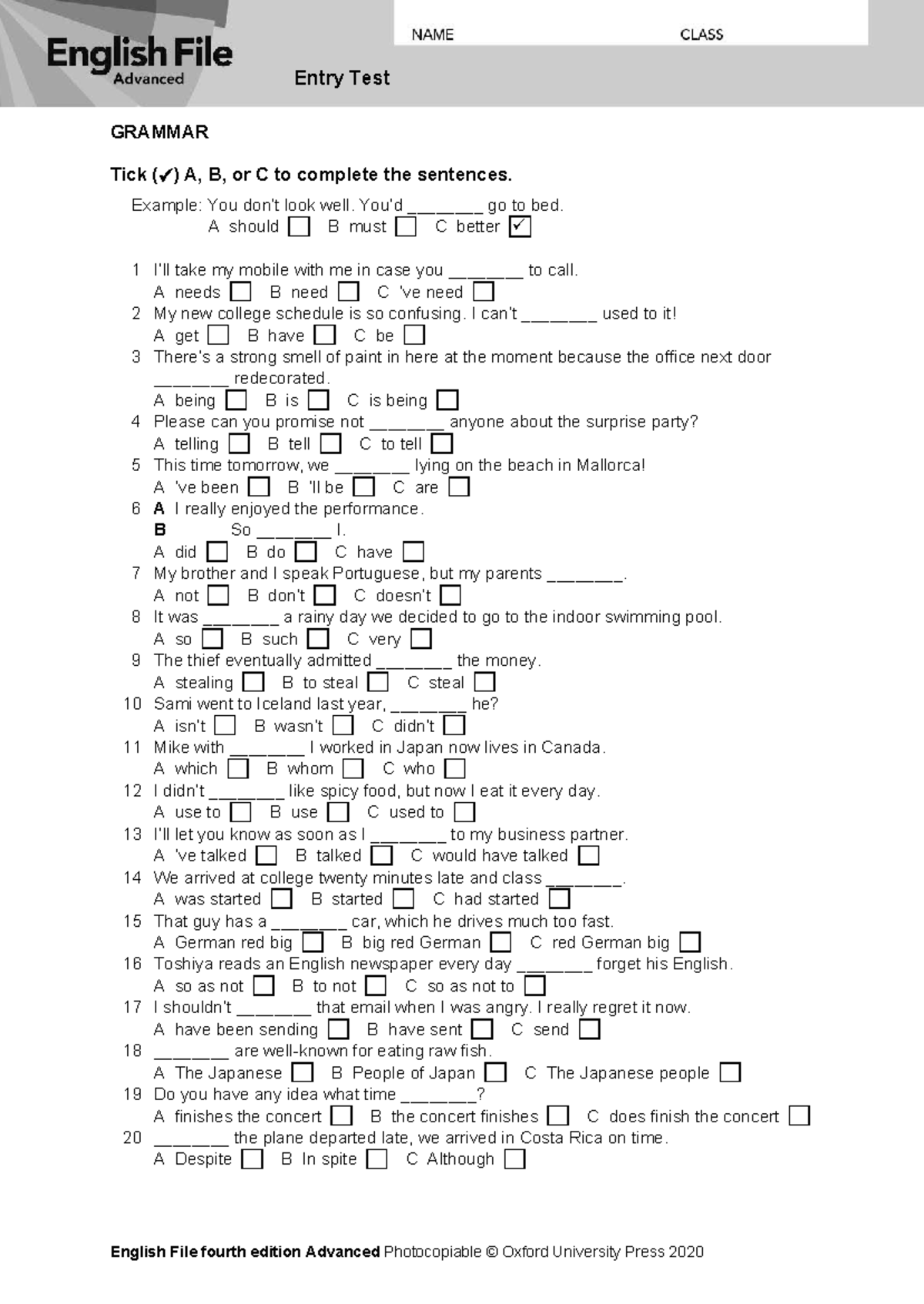 Entry Test - English File 4th Ed. (Advanced) - Grammar & Vocabulary ...