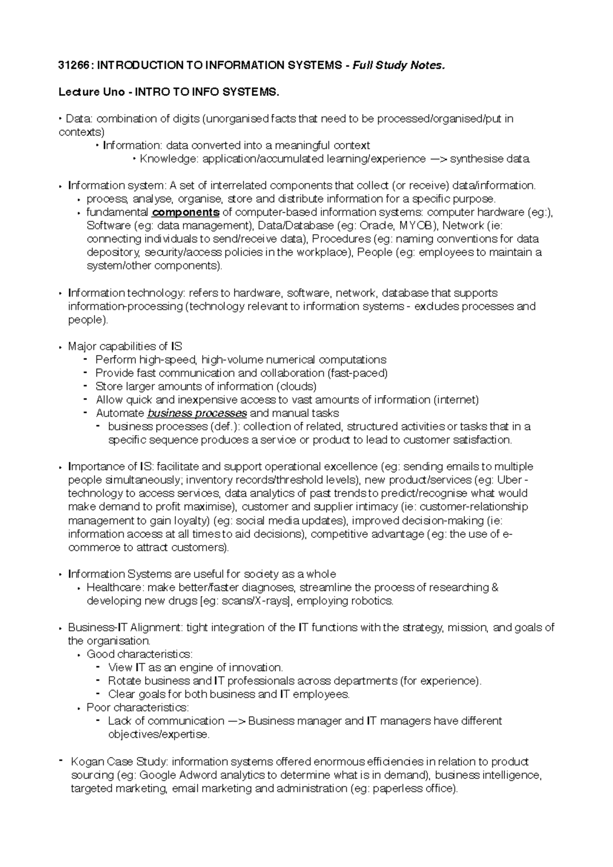 31266 - Intro to Info Systems - Comprehensive Study Notes - Studocu
