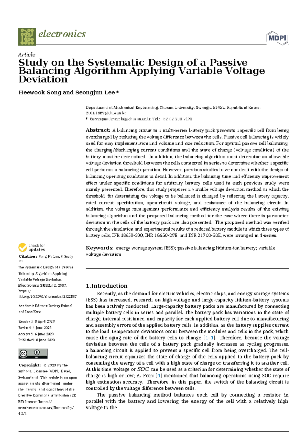 Study on the Systematic Design of a Passive Balancing Algorithm (ME ...
