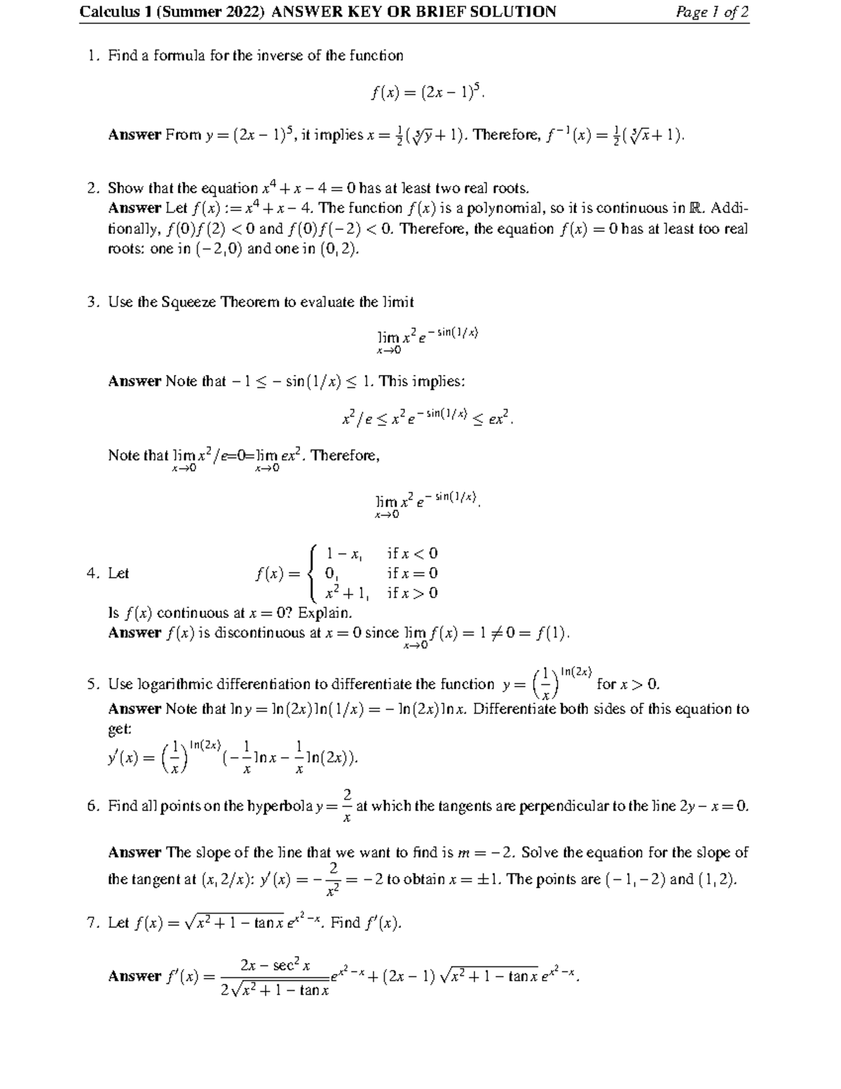Calculus 1 (Cal1) Midterm Exam Answer Key - July 25, 2022 - Studocu