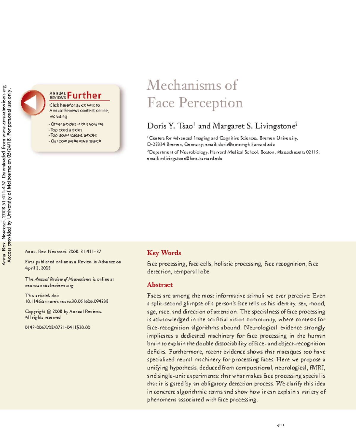 Tsao & Livingstone 2008 - Mechanisms of Face Perception Overview - Studocu