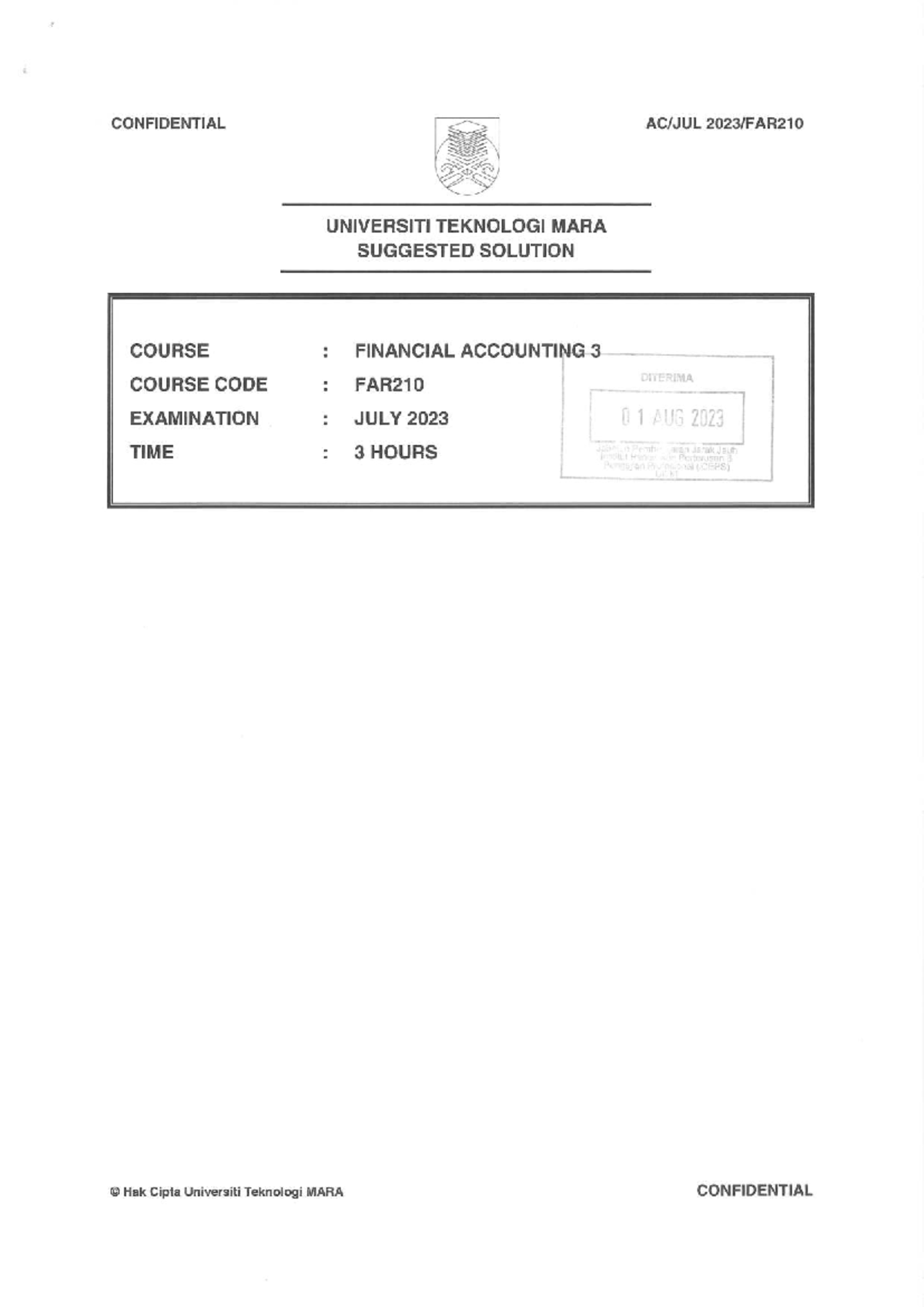 FAR210 Suggested Solutions for Financial Accounting Final Exam - July ...