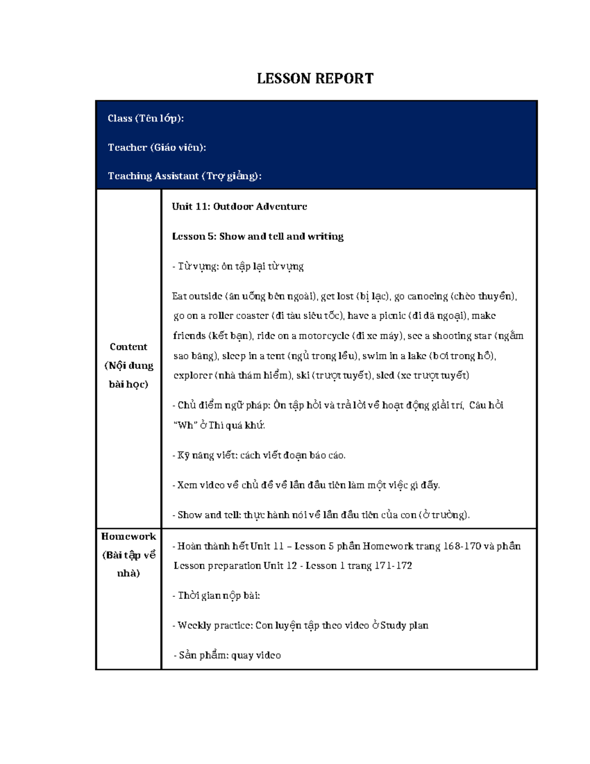 Lesson Report - U11 L5: Outdoor Adventure & Show and Tell - Studocu