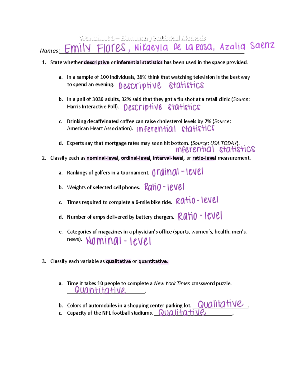 Worksheet 1 Ch. 1: Descriptive & Inferential Stats Classification - Studocu