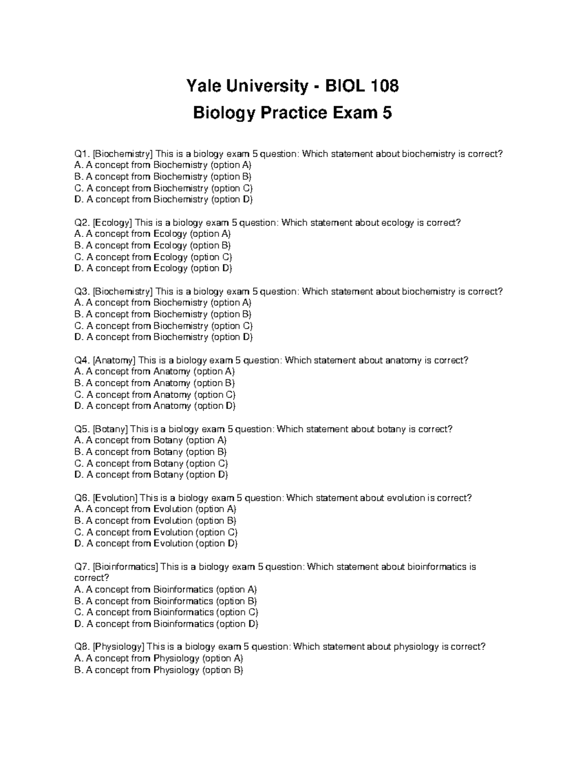 Yale University BIOL 108 Biology Exam 5 - MCQ Practice Questions - Studocu