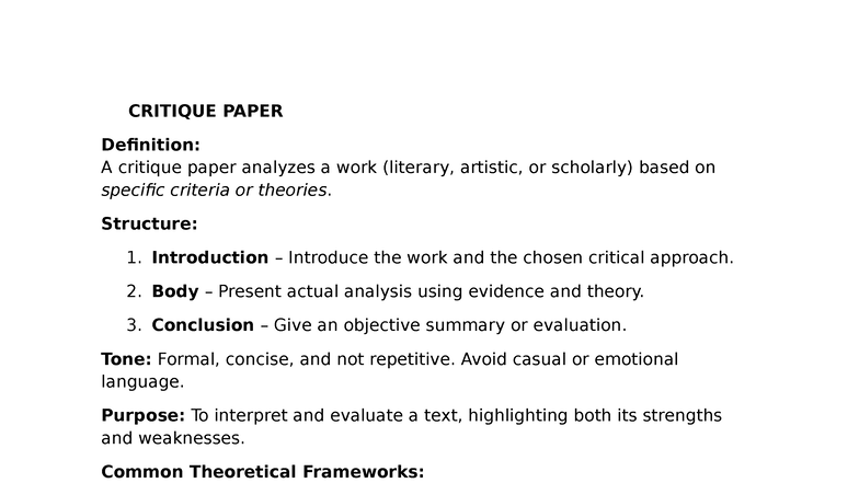 CRITIQUE PAPER: Analyzing Literary and Scholarly Works - Studocu