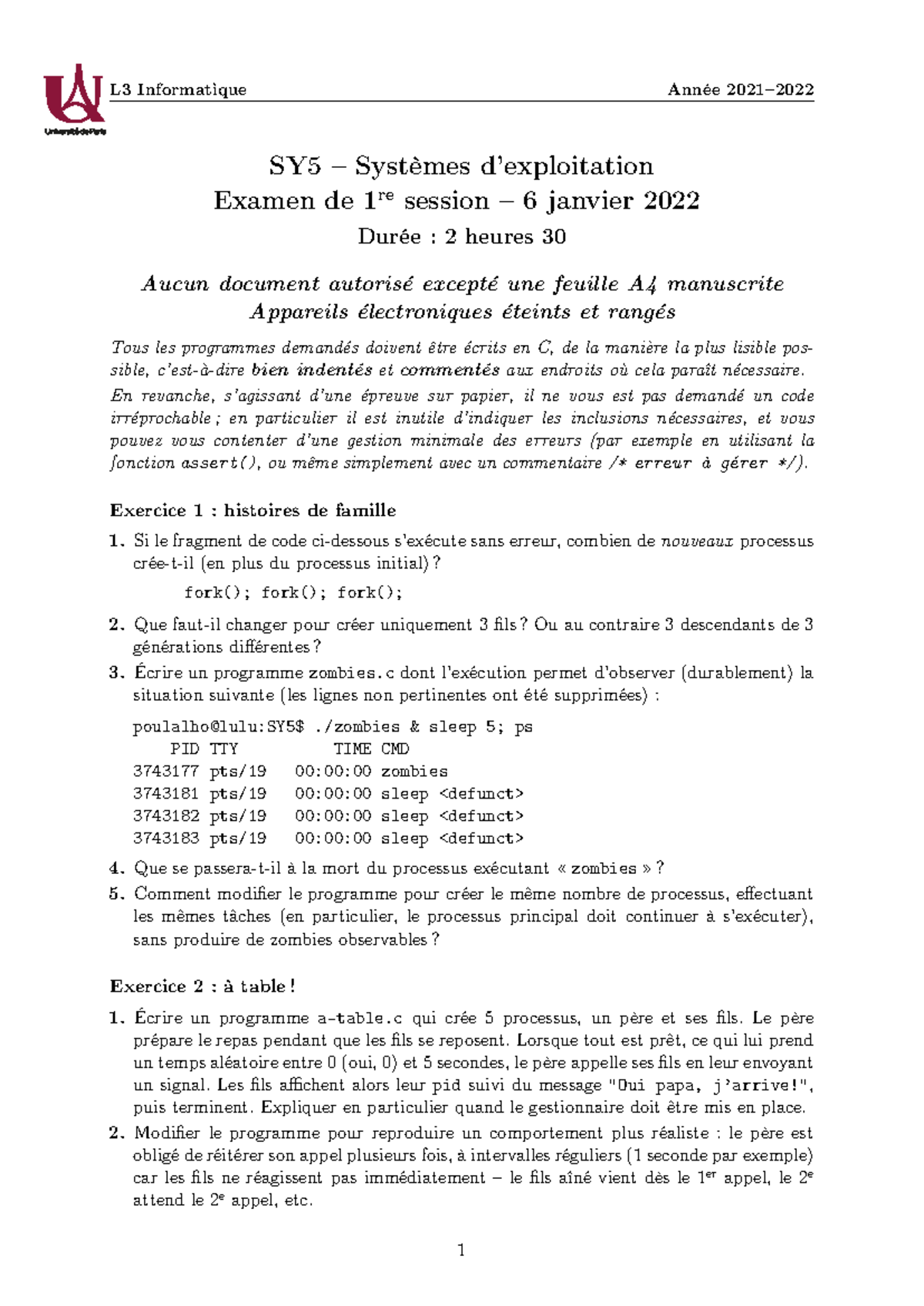 Examens examen 2021-2022 session 1 SY5 - SY5 – Systèmes d’exploitation ...