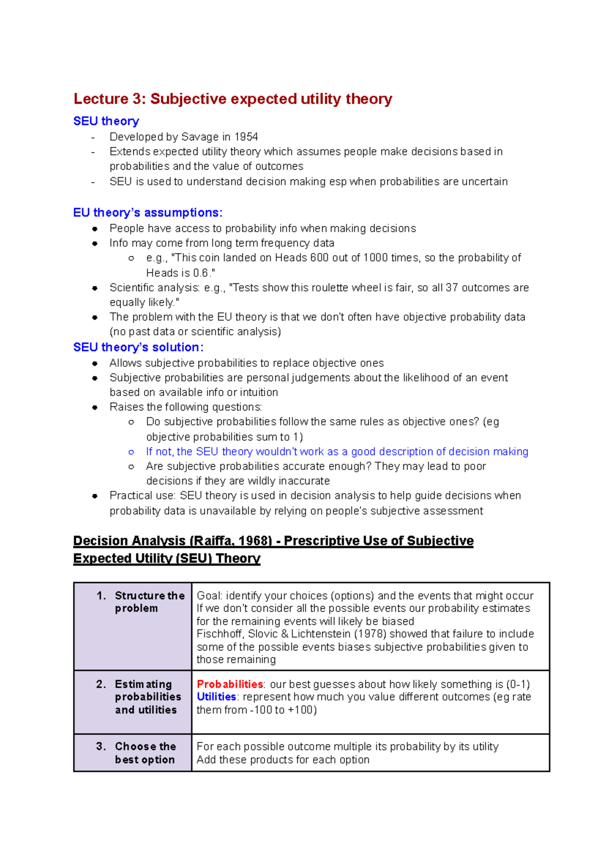Lecture 3: Subjective Expected Utility Theory (SEU) Analysis - Studocu