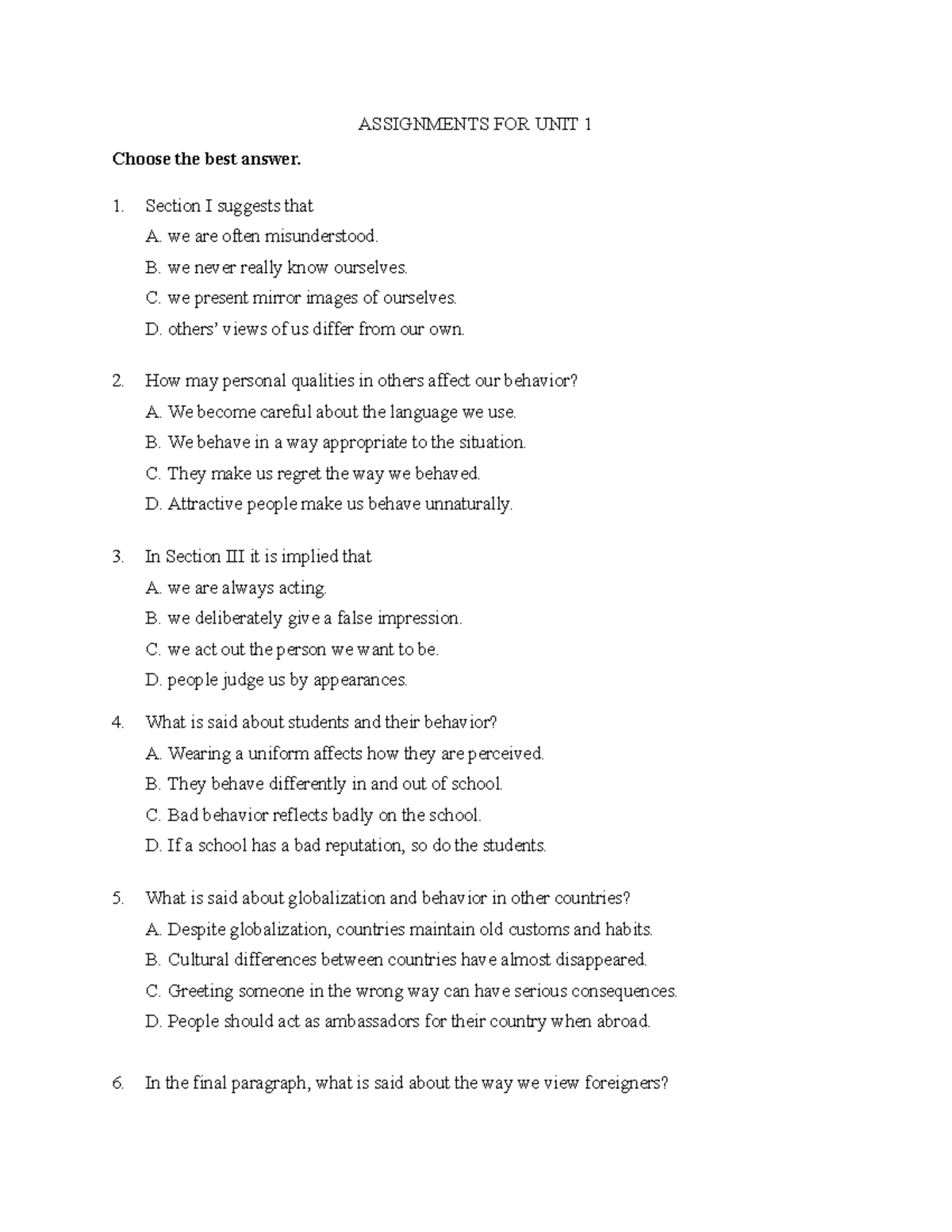 Assignments for Unit 1: Questions and Matching Exercises - Studocu