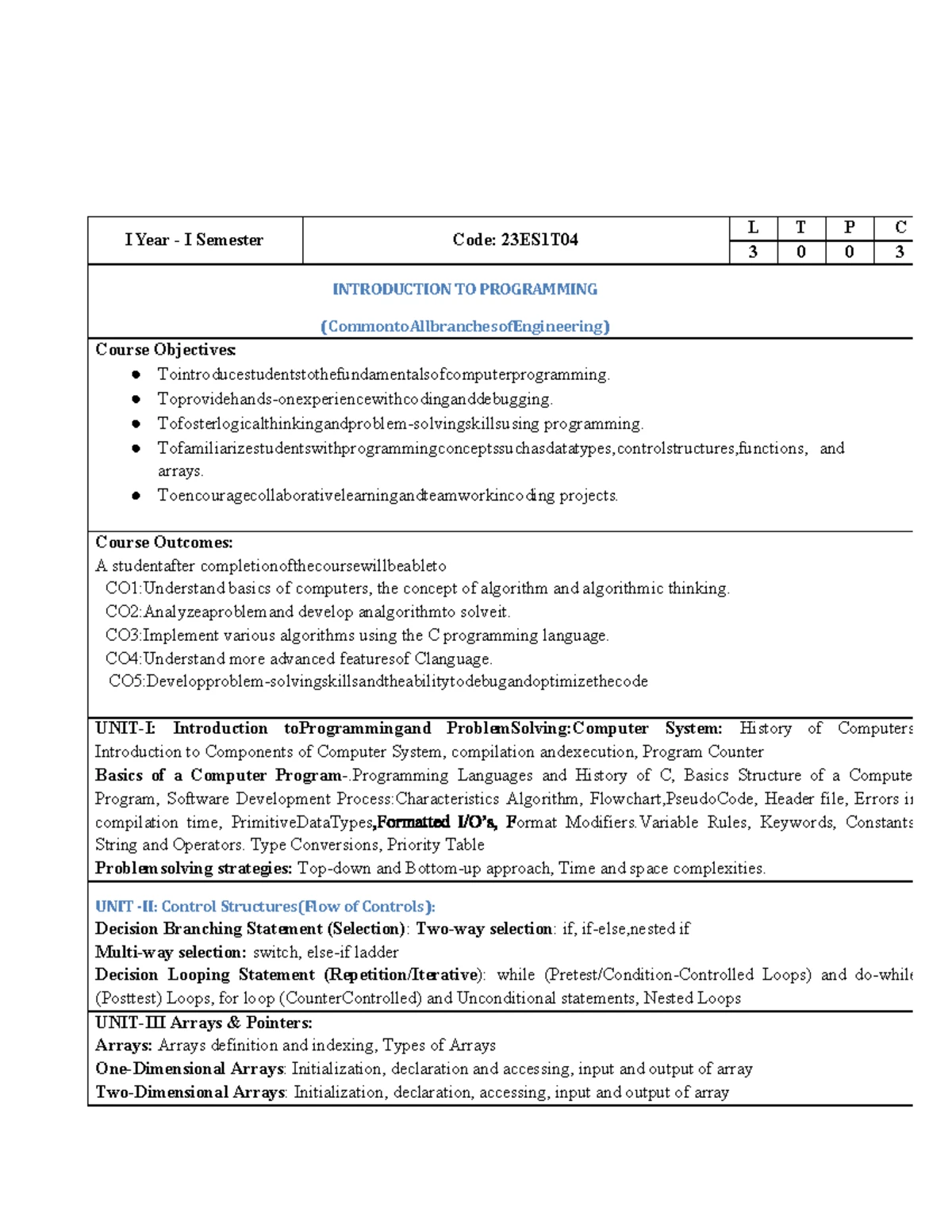 B.Tech CSE II Year I Semester Course Structure and Syllabus Overview ...