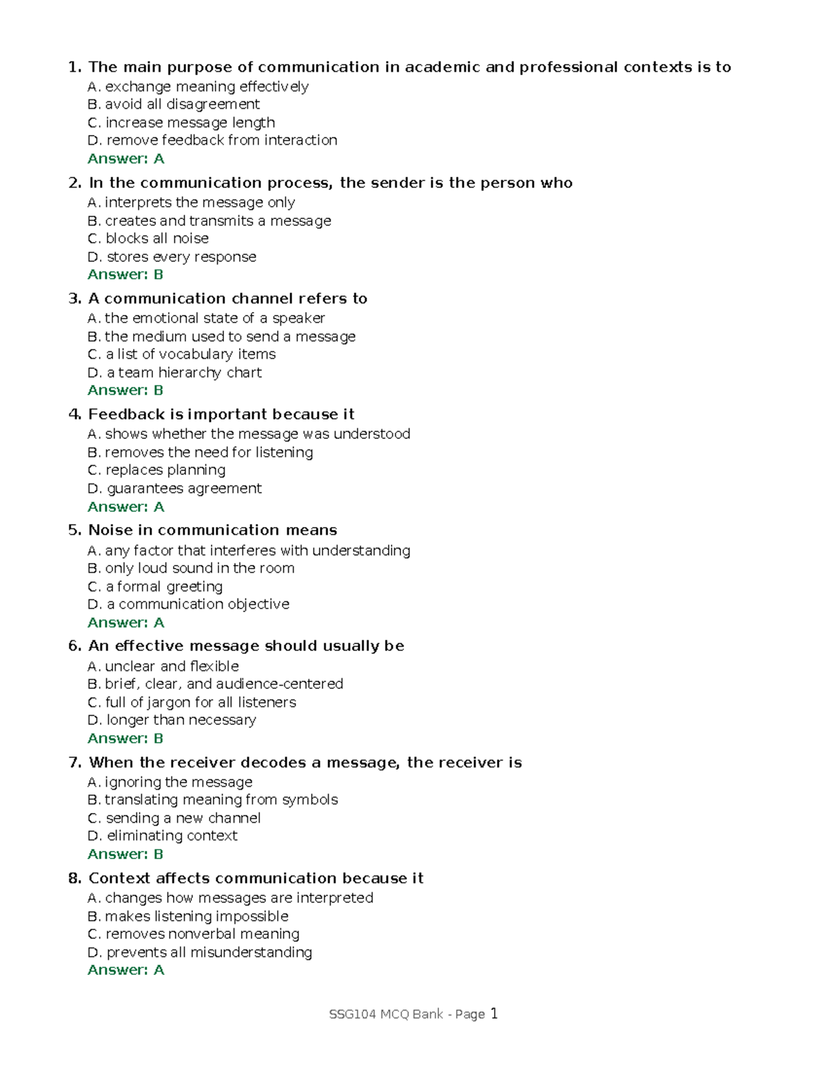 SSG104 - Communication Effectiveness MCQ Study Guide - Studocu
