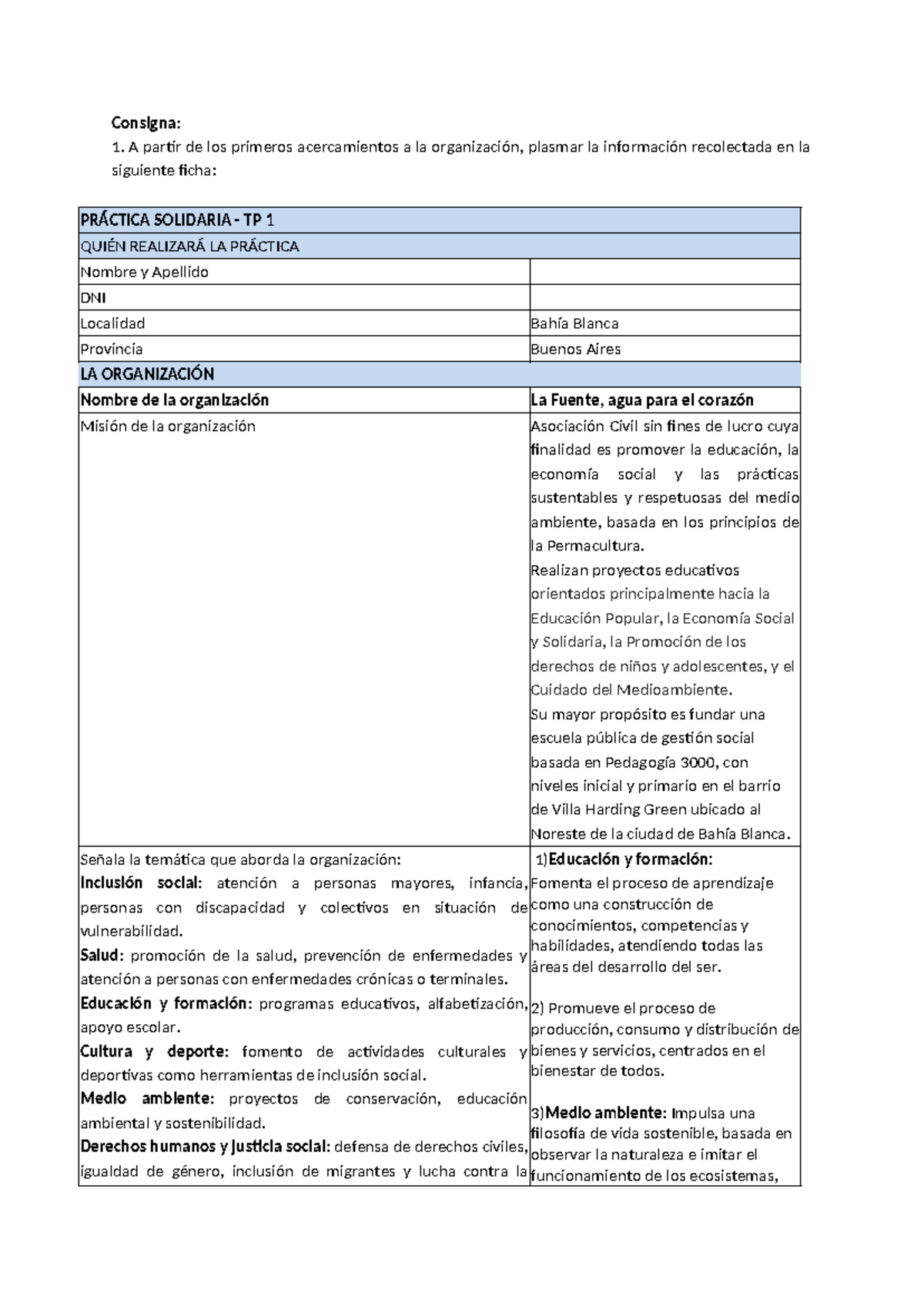 TP1 - Práctica Solidaria: Análisis de la Organización La Fuente - Document Preview