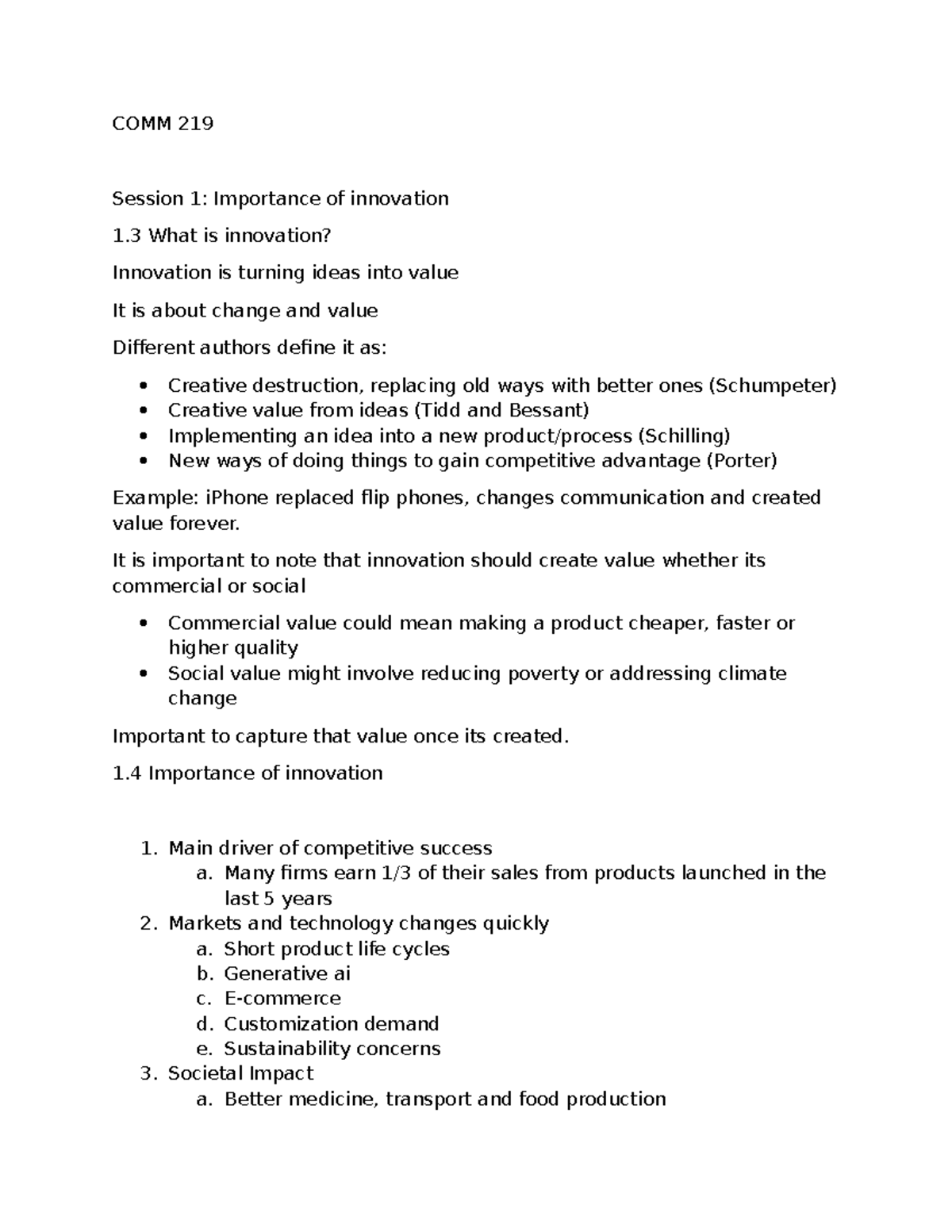 COMM 219 Notes: Summary of Chapter 1 on Innovation and Its Importance ...