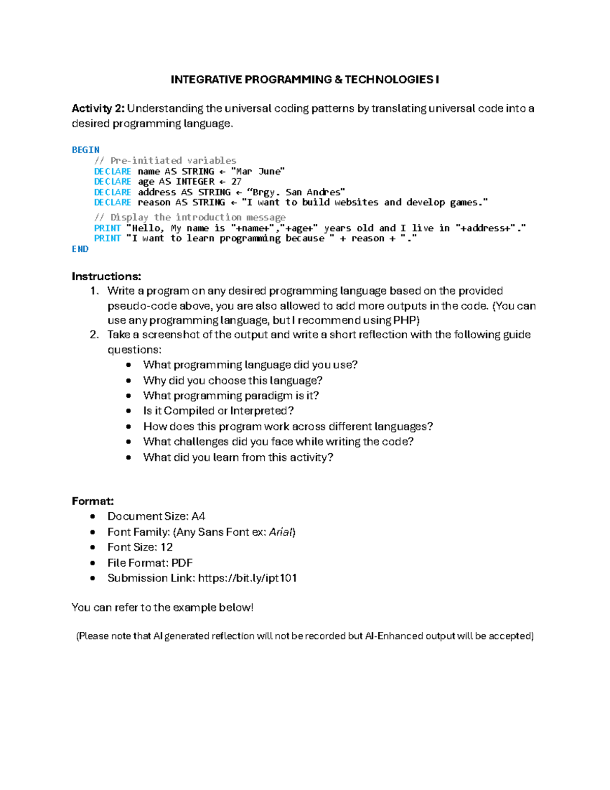 INTEGRATIVE PROGRAMMING TECHNOLOGIES I Activity 2: Translating ...