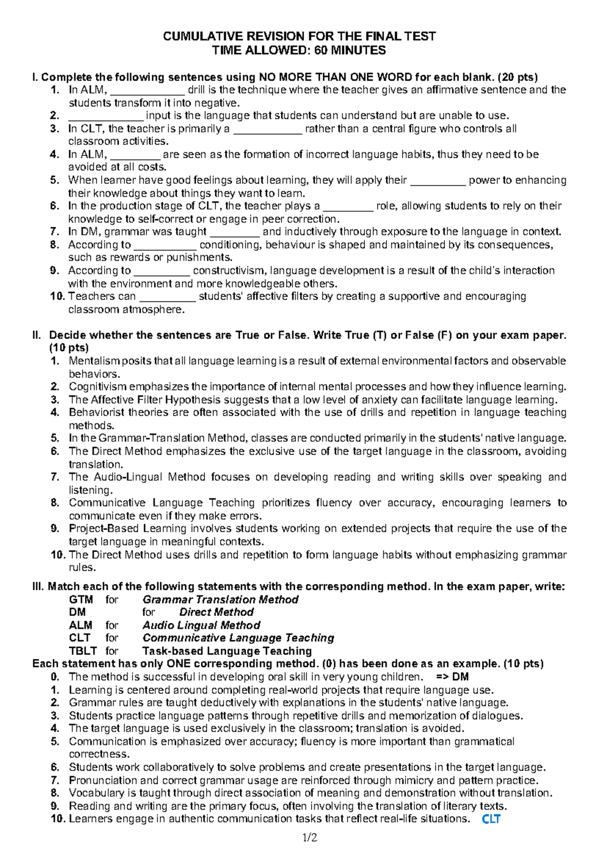 Cumulative Revision for the Final Test (60 Minutes) - Studocu