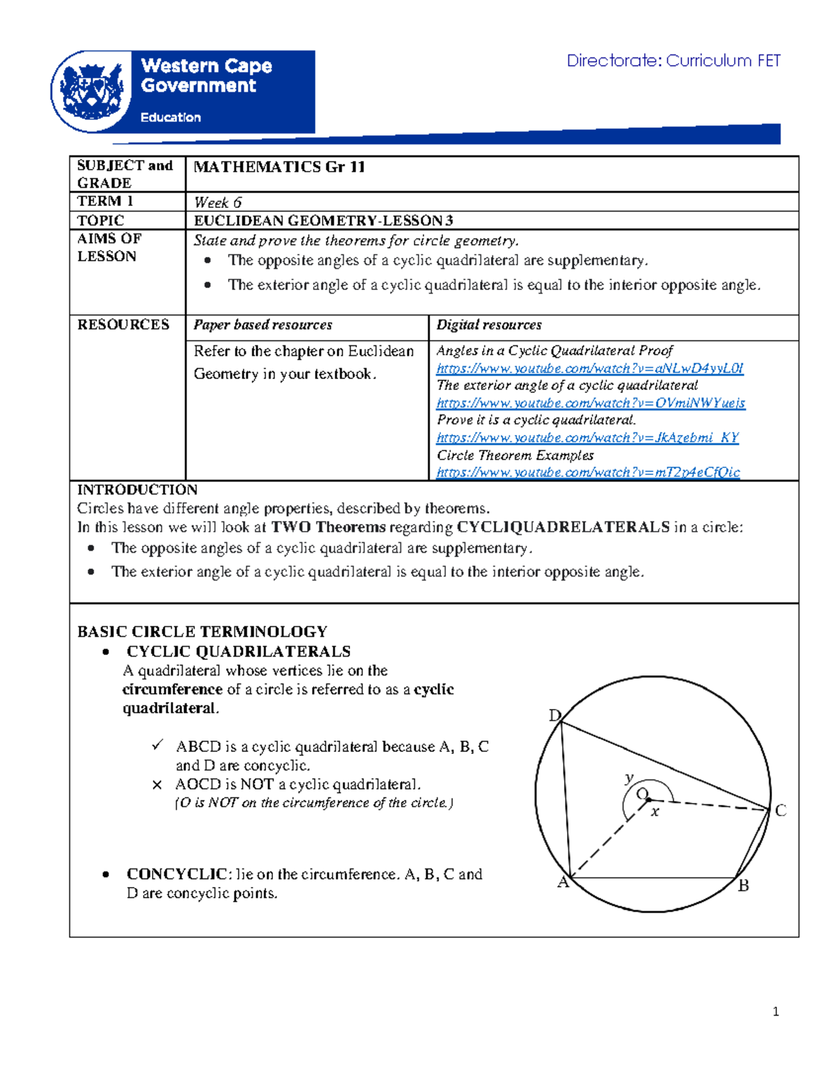 Mathematics Gr 11 Term 1 Lesson 3: Theorems on Cyclic Quadrilaterals ...